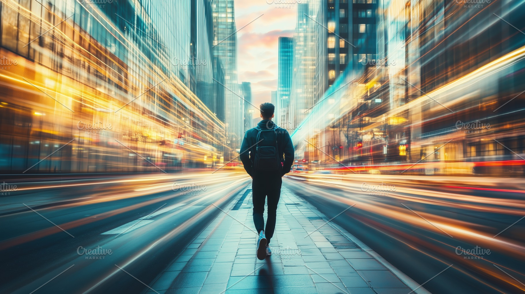 A person walking alone on a city street, surrounded by tall buildings and vibra, a Person Photo by Textures & Backgrounds