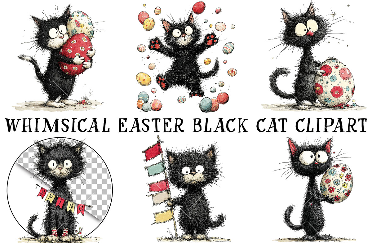 Whimsical Easter Black Cat Clipart, an Illustration by OK Design (Photo 2 of 6)