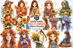 Girls with Fall Flowers Clipart PNG, a Seasonal Illustration by Canvas Craft