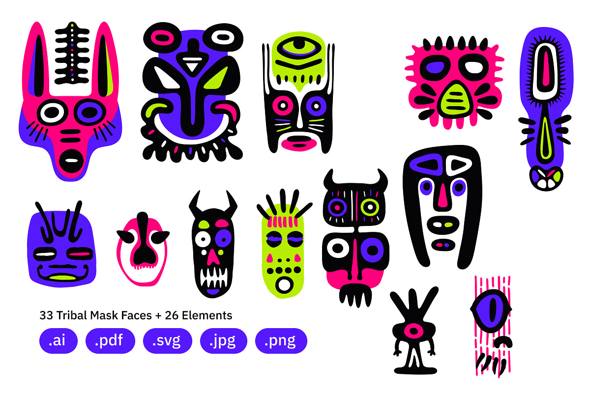 33 Tribal Mask Faces + 26 Elements, a Decorative Illustration by crafty (Photo 3 of 4)