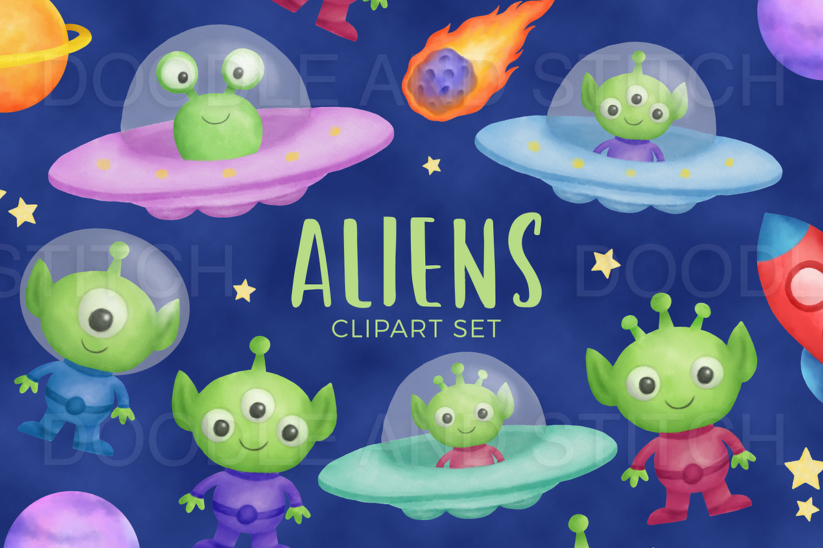 Cute Aliens Clipart Illustrations, an Illustration by Doodle and Stitch (Photo 1 of 3)