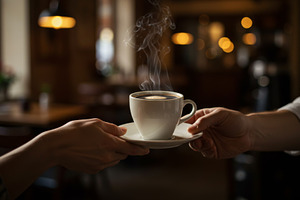 A steaming cup of coffee being passe, a Food & Drink Photo by professorinc