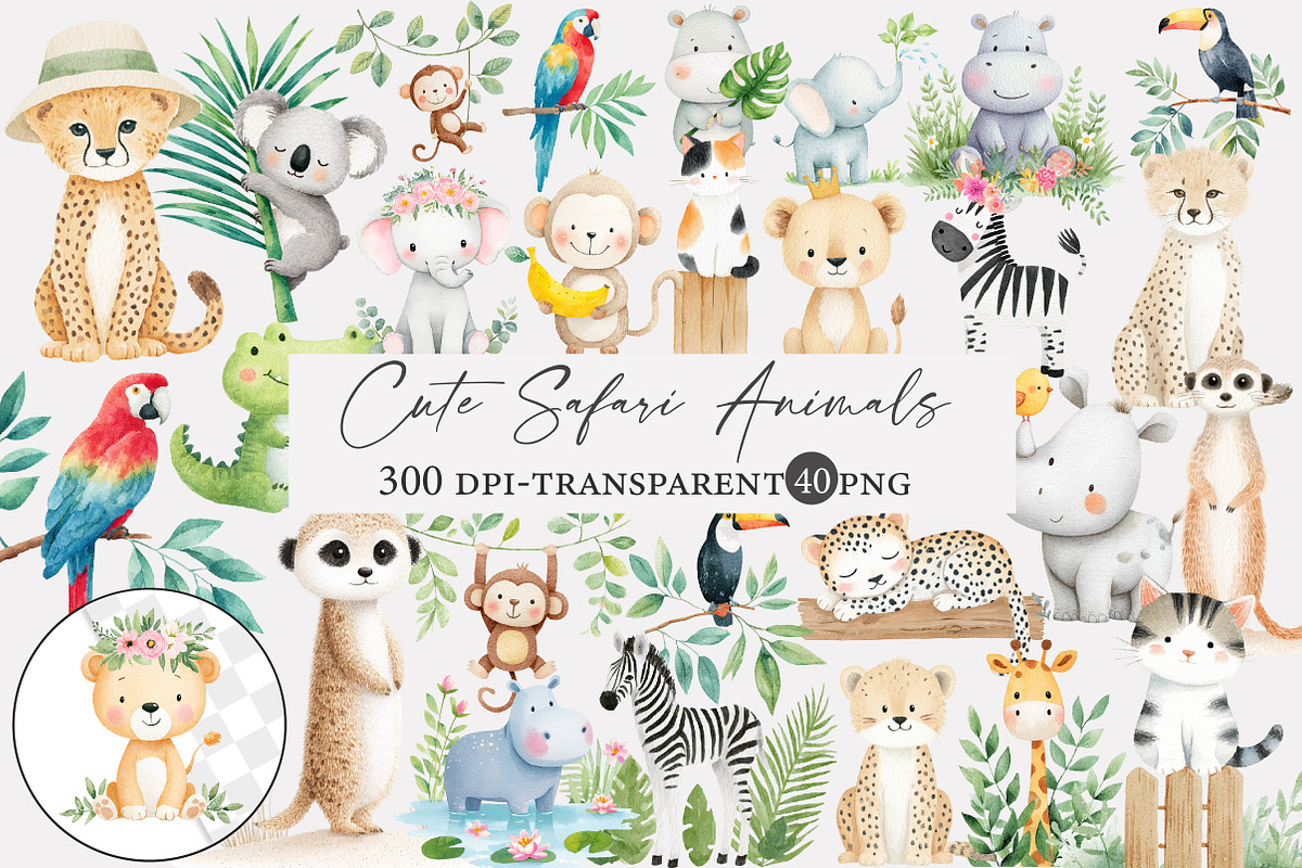 Watercolor Cute Safari animals clipa, an Illustration by Designworld (Photo 1 of 4)
