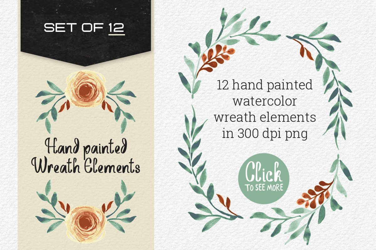 12 Hand painted Wreath Elements, a Pattern Graphic by Curve and Pixel (Photo 1 of 5)