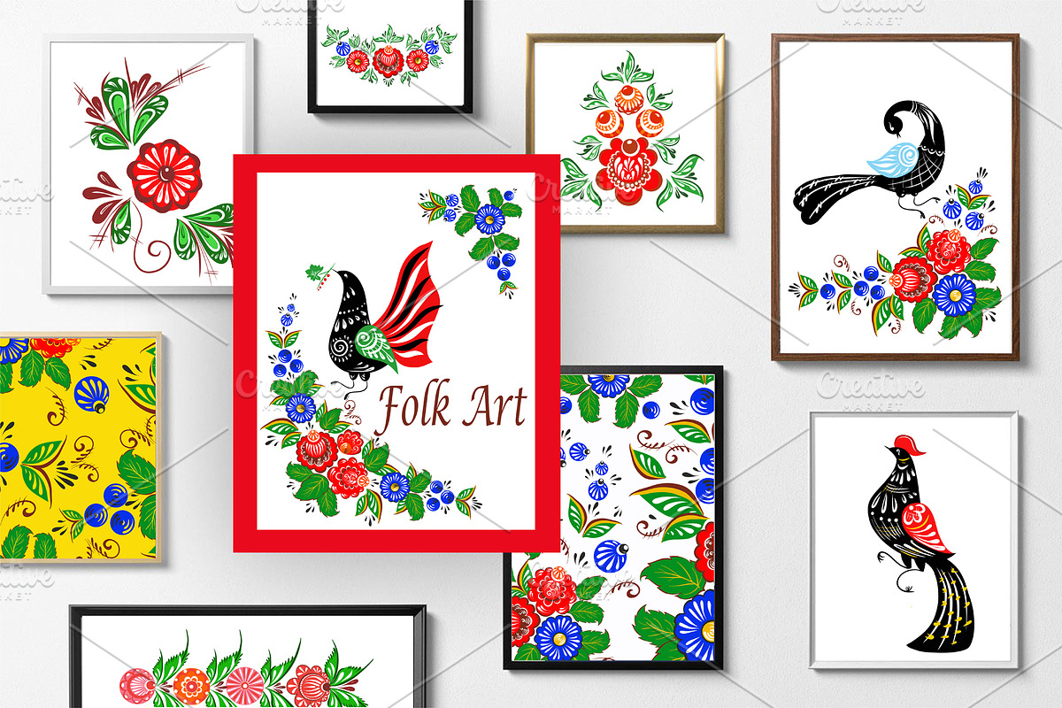 Folk art magic birds in flowers, a Decorative Illustration by IPVector (Photo 1 of 4)