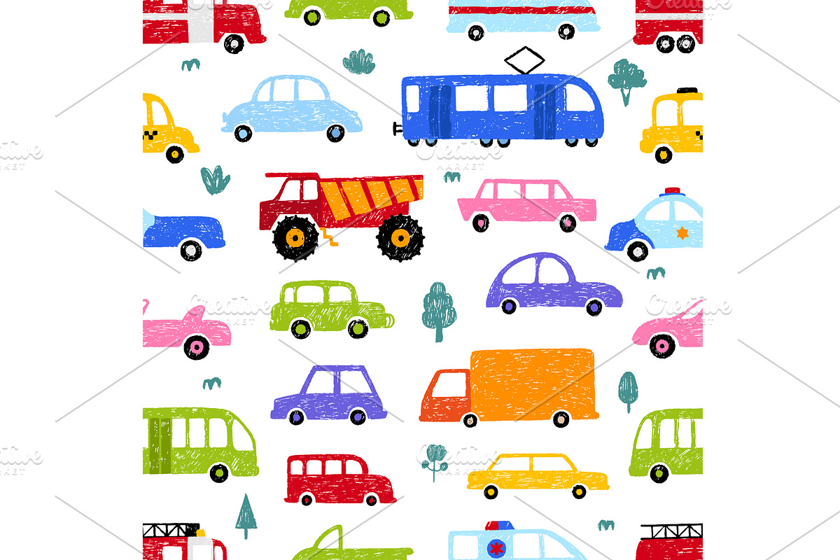 Hand drawn children cars seamless, a Transportation Illustration by Valerie Bodnar