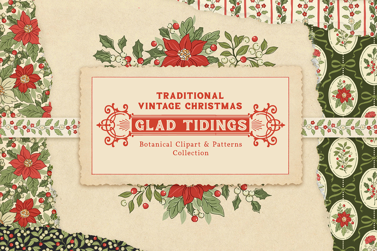 Vintage Christmas Clipart & Patterns, a Pattern Graphic by PATTERNS etc. (Photo 1 of 15)
