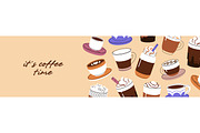 Coffee cups set + banner + patterns, a Food Illustration by PaperTrident (Thumbnail 3 of 5)