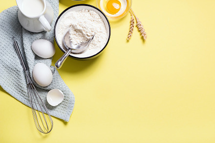 Baking ingredients background featuring flour, baking, and background