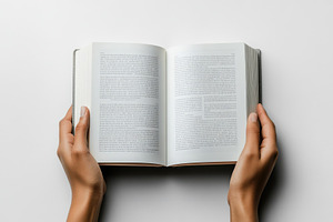 Hands holding open book reading text, a Background Photo by Pixeness Studio