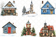 Watercolor Christmas Village Clipart, an Illustration by Black Bird Studio (Thumbnail 6 of 6)