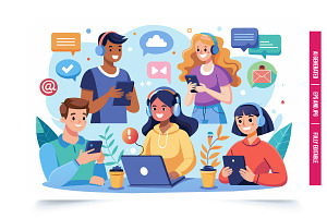 A group of four friends are using te, an Illustration by Tanuart