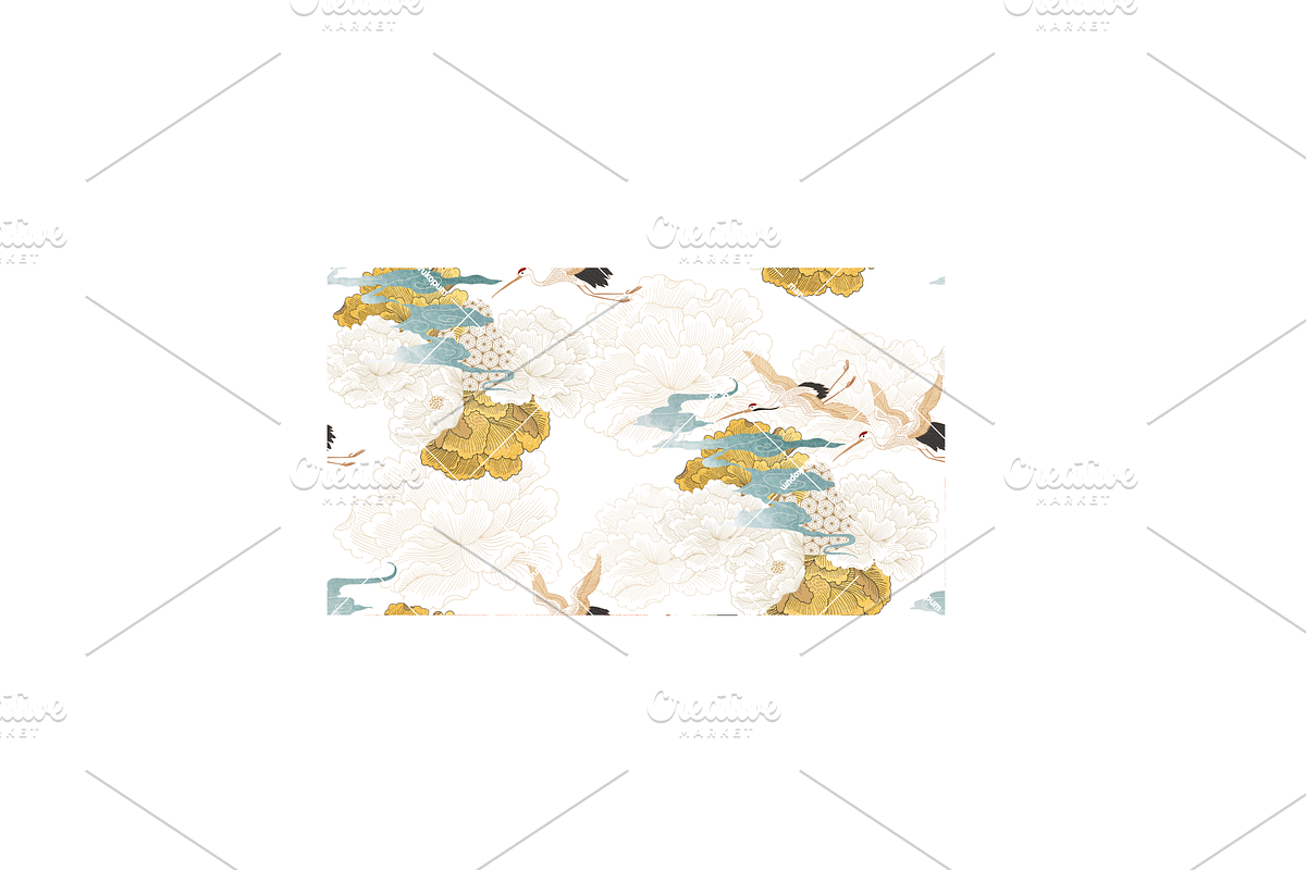 Crane birds and gold peony flower, a Pattern Graphic by marukopum (Photo 2 of 3)