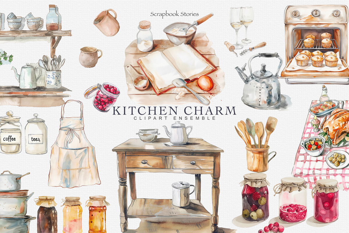 watercolor cozy kitchenware clipart, a Decorative Illustration by Patishop Art (Photo 1 of 9)