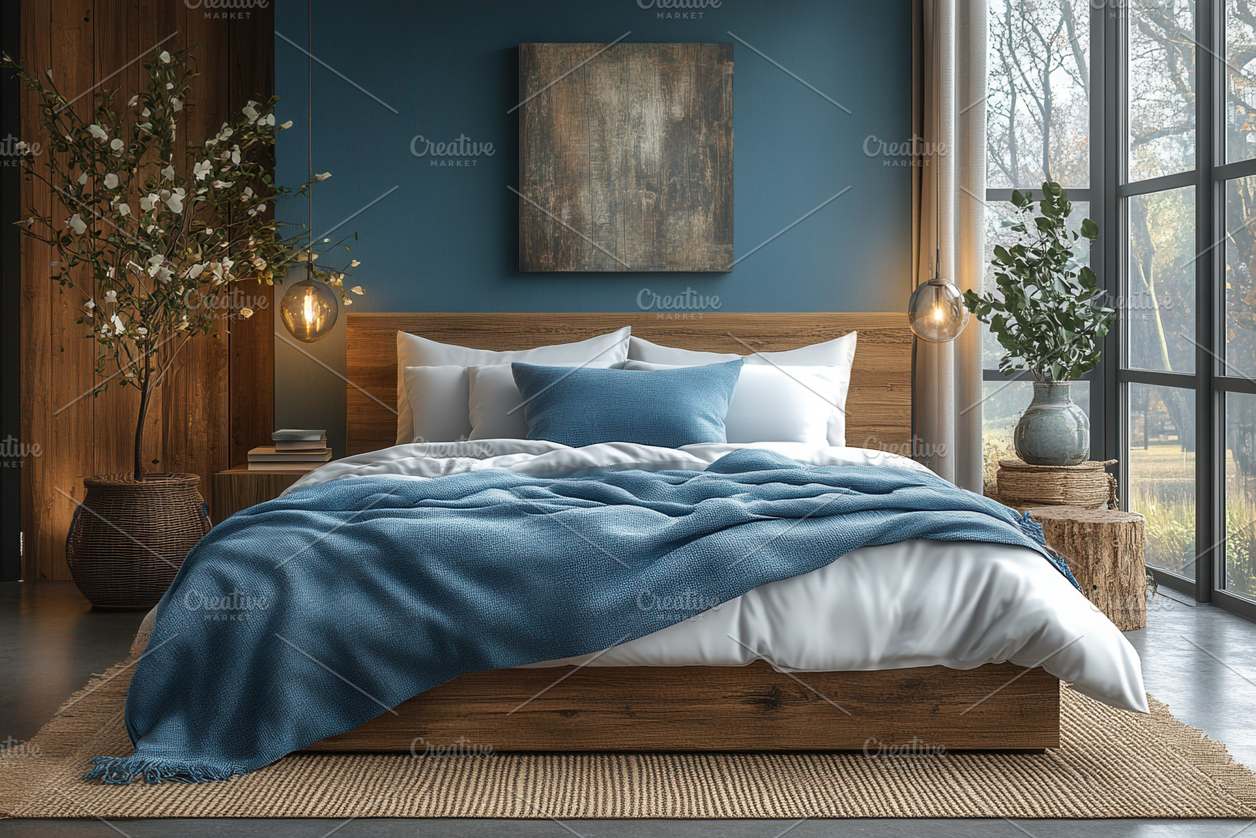 Modern bedroom interior featuring a, a Photo by Tanuart