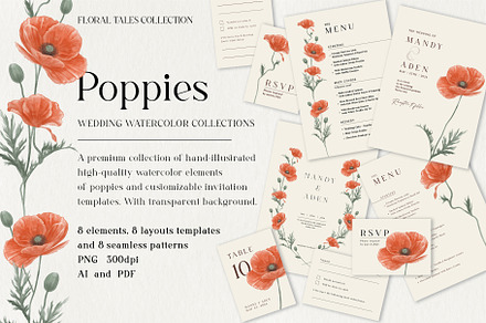 Poppies Watercolor Wedding Set