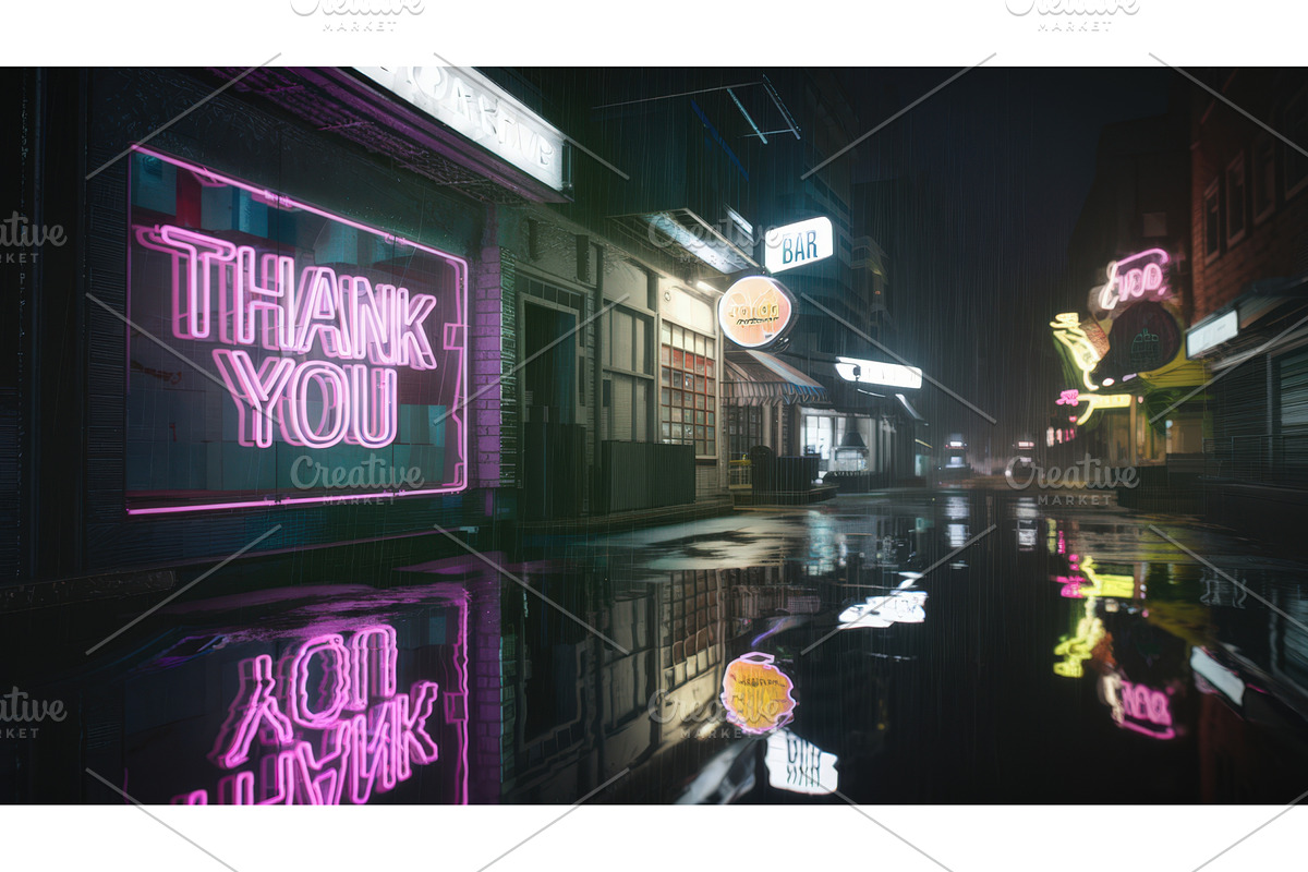 Neon-lit urban street at night with, an Illustration by tilialucida