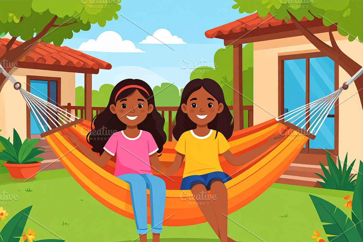 Two girls sitting together on a hammock in the backyard of a hou, a Person Illustration by DanFLCreativo