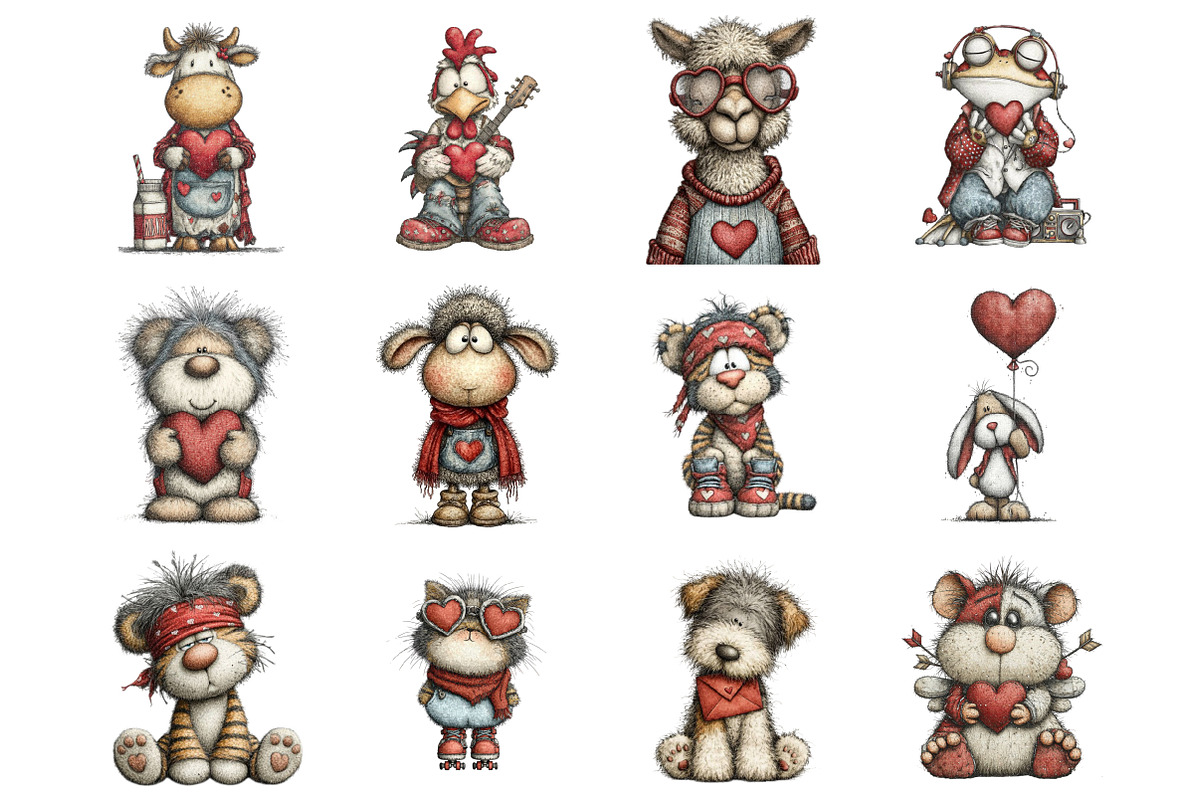 90s Valentine Animals Clipart, an Illustration by Design Market (Photo 2 of 3)