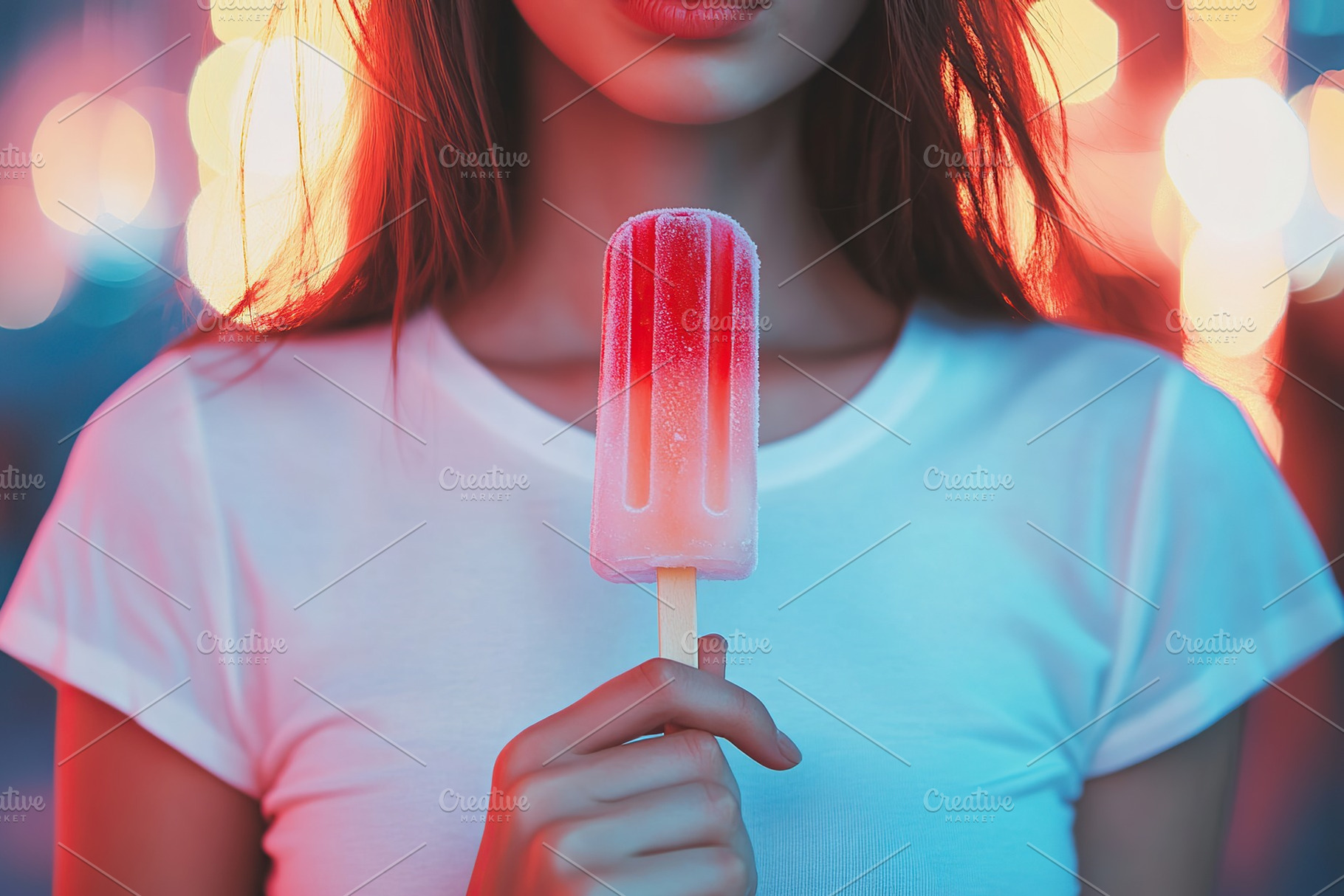 Portrait of beautiful young woman eating delicious ice cream, a Photo by AlyaAnd