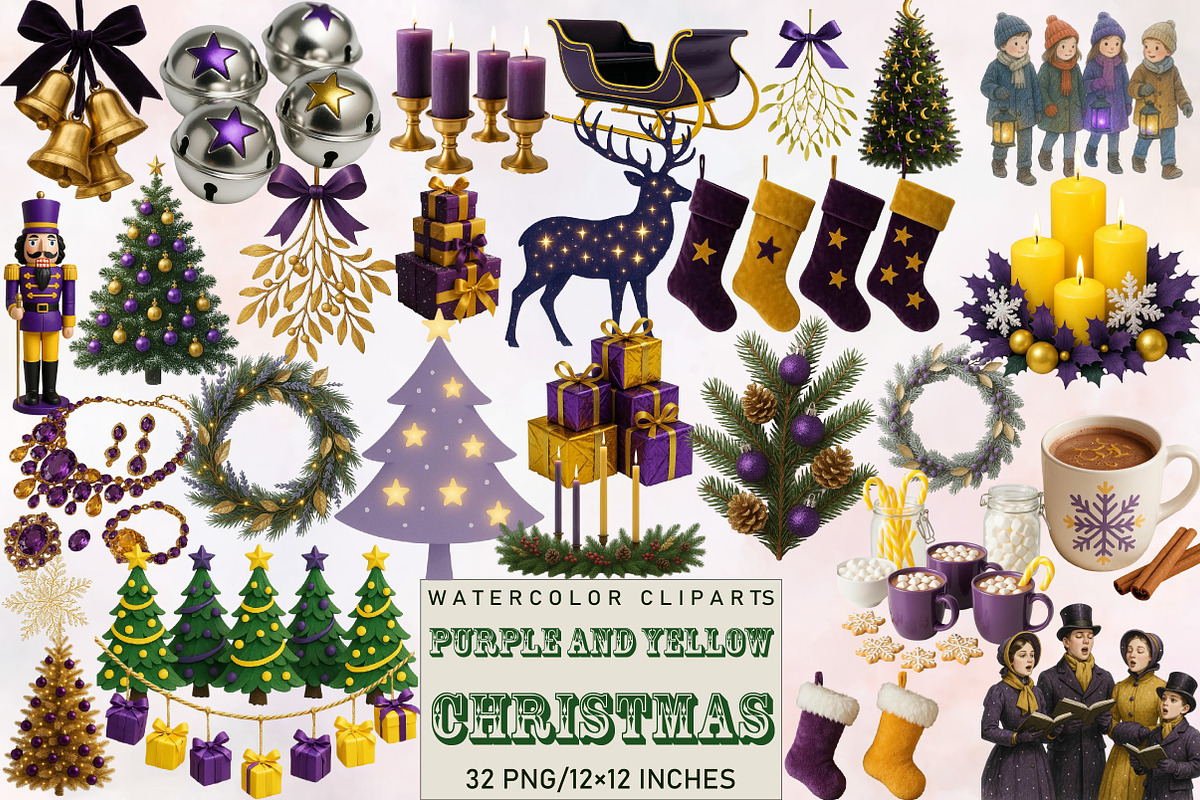 Purple and Yellow Christmas Clipart, an Illustration by SVGArt (Photo 1 of 8)