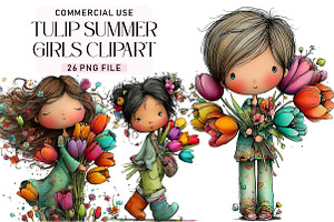 Tulip Summer Girls Clipart Set, a Seasonal Illustration by Daily.Designs