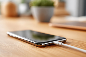 Smartphone charging cable on wooden table, a Technology Photo by AlyaAnd