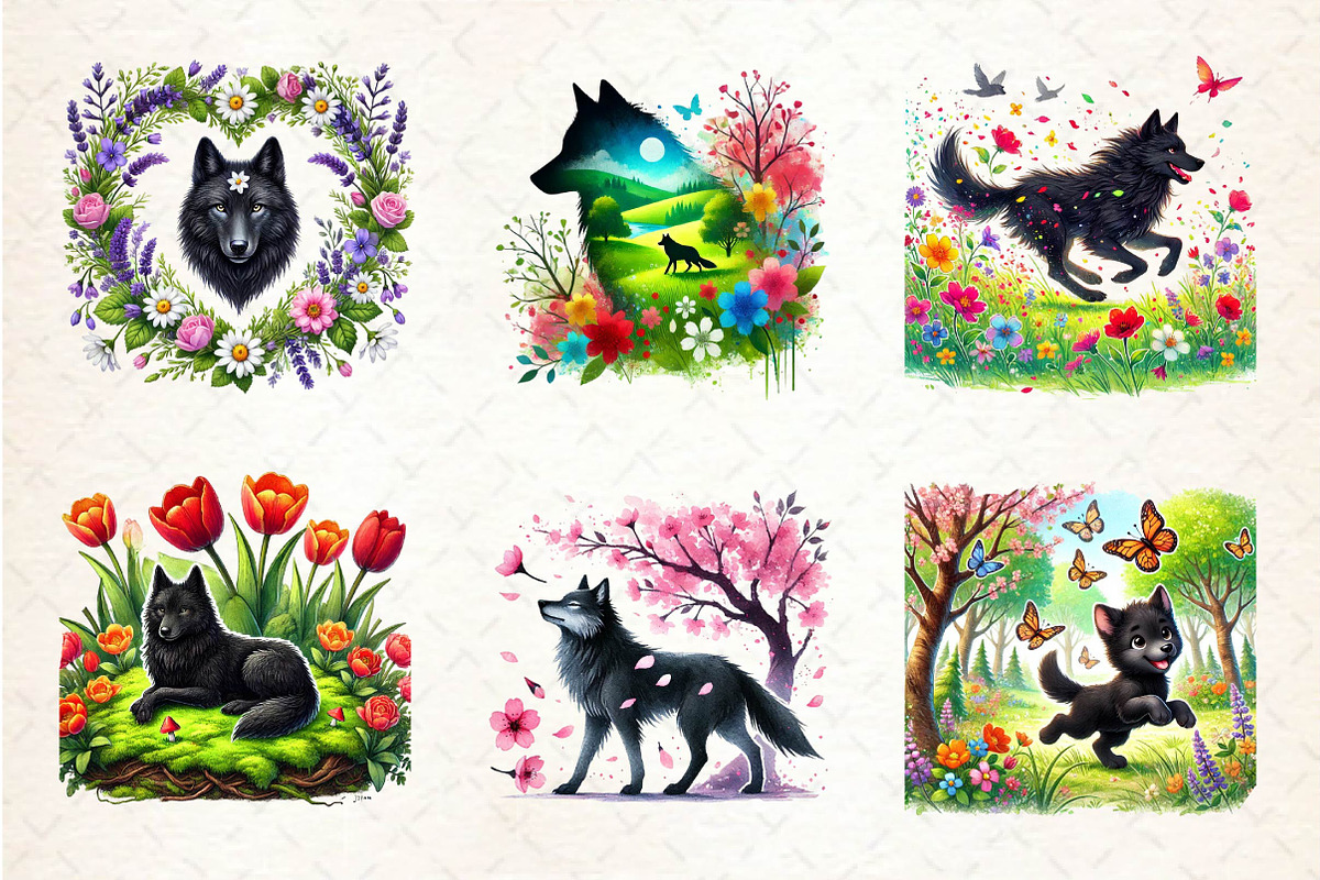 Spring Black Wolf Clipart, an Illustration by Dream Creation