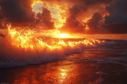 Waves crash against the shore as the, a Photo by Tanuart