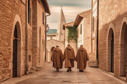 Three Franciscan Monks Walking Down a Cobblestone Street in a Historic Town Dur, a Photo by AS photostudio