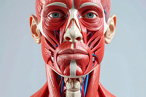 Human head anatomy front view with detailed facial muscles, a Health & Medical Photo by GoodGoods