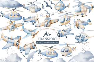 Watercolor Air Transport Clipart, an Illustration by MockupWizard