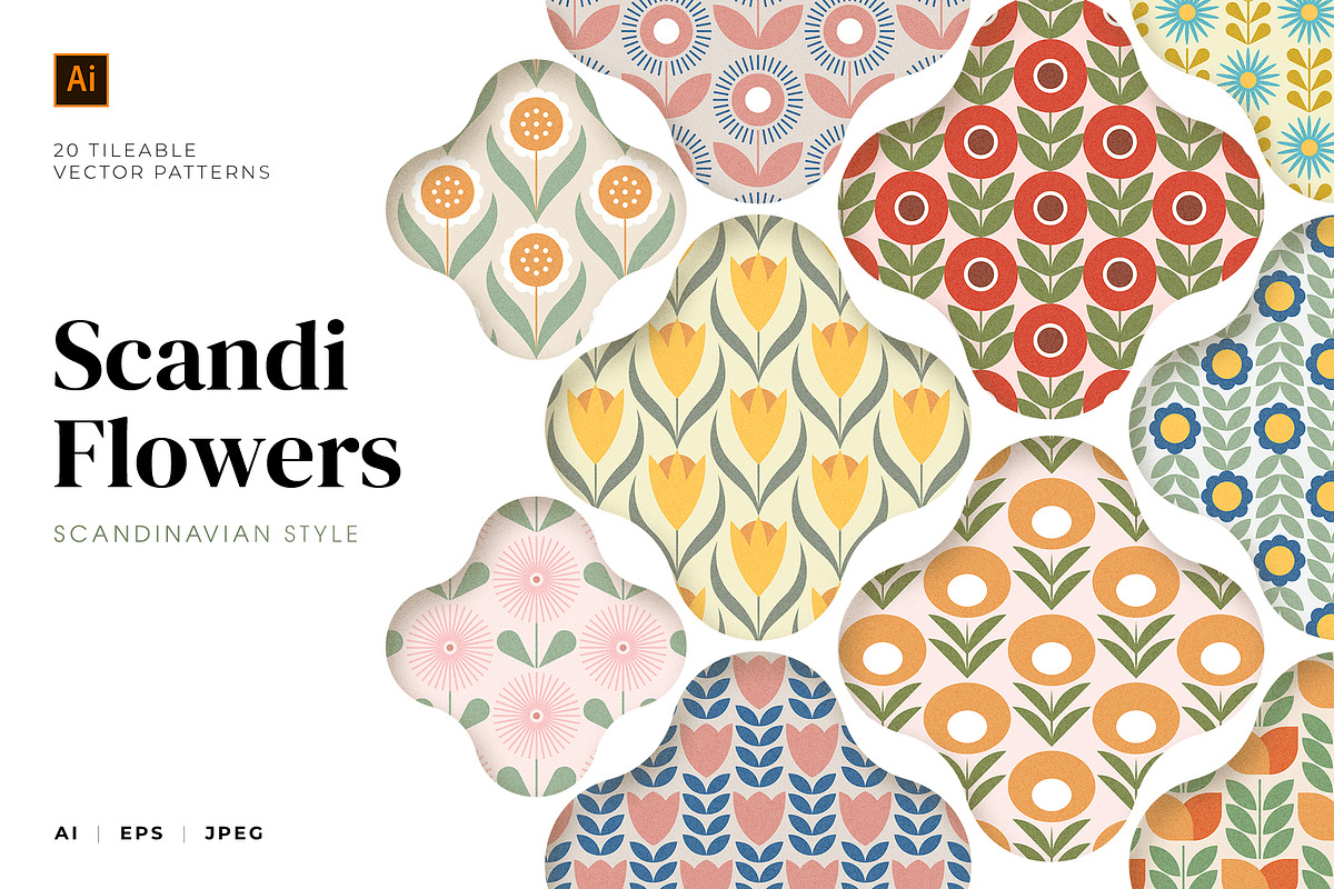 Scandi Retro Flowers patterns, a Pattern Graphic by Designnina Shop (Photo 1 of 10)