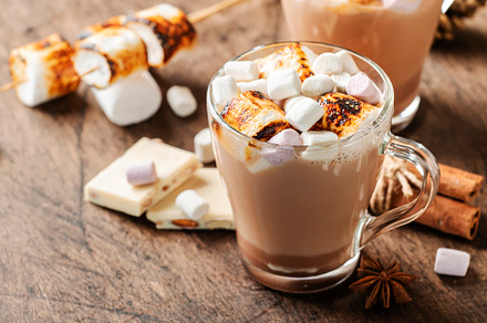 Hot chocolate drink with fried marshmallow in glass cups and win, a Food & Drink Photo by 5PH
