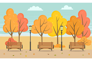 Bench And Trees, Autumn Season In