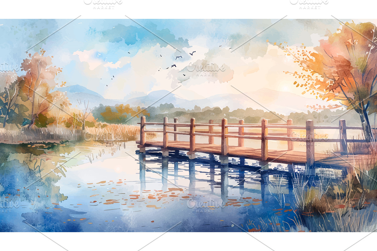 Bridge for Fishermen Morning Lake, an Illustration by LadadikArt