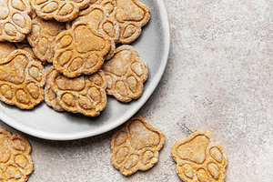 Homemade paw print dog treats on a plate, a Food & Drink Photo by Olena Rudo