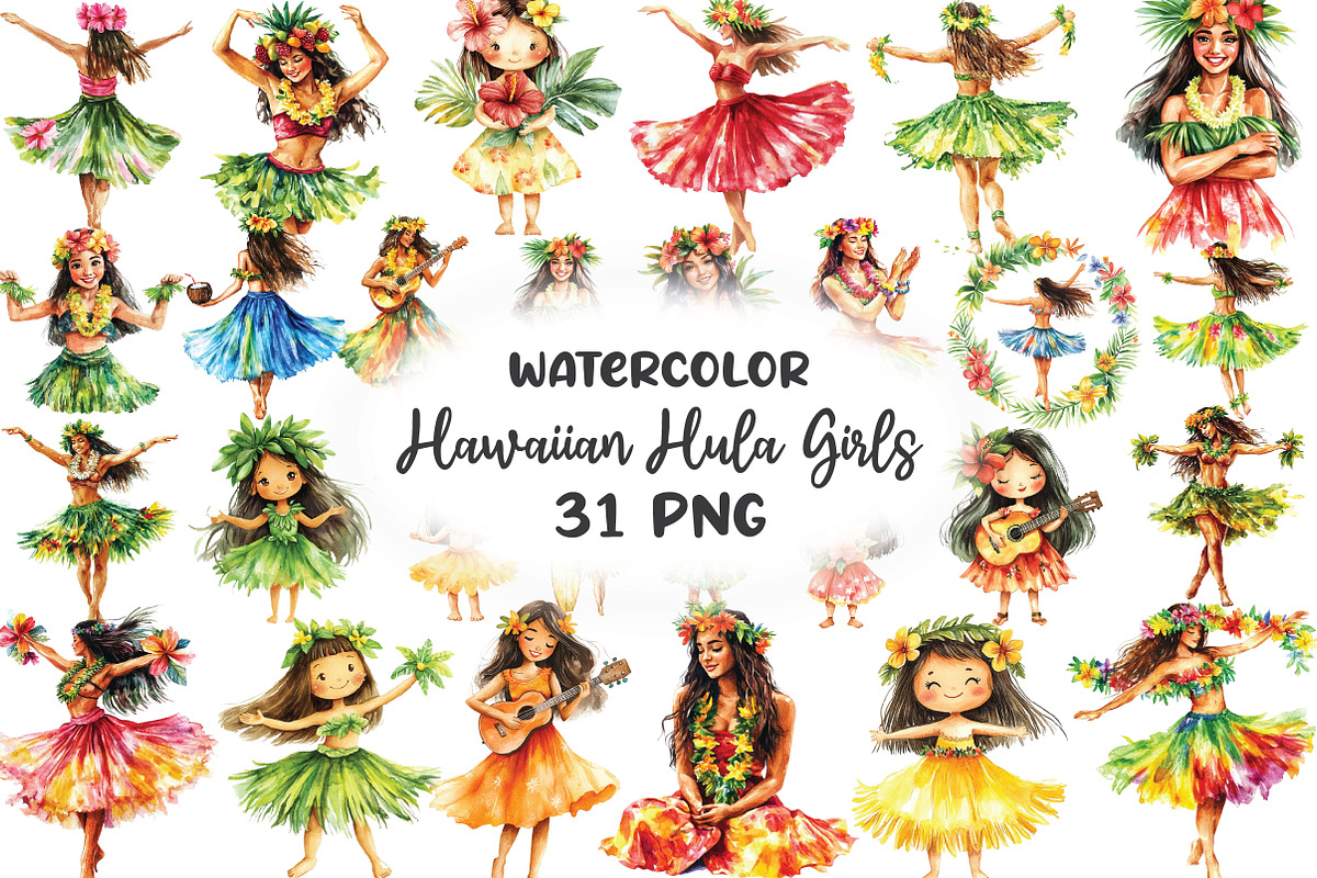 Hawaiian Hula Girls Watercolor Clipa, an Illustration by CraftArtStudio (Photo 1 of 6)