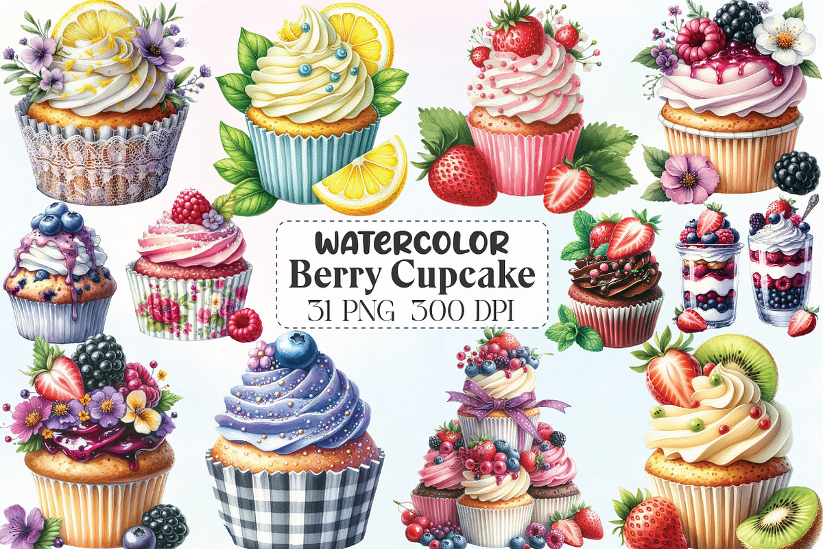 Watercolor Berry Cupcake Clipart, an Illustration by CraftArtStudio (Photo 1 of 6)