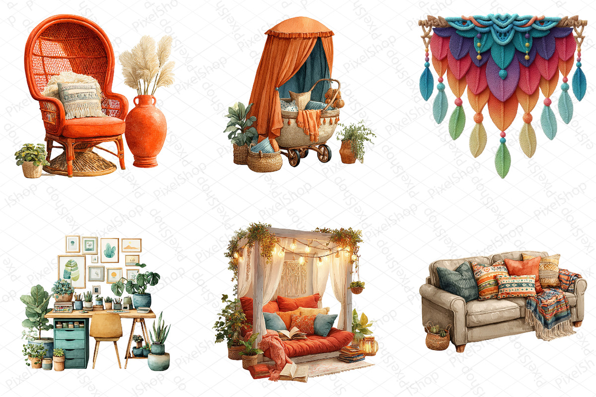 Watercolor Boho Interior Clipart, an Illustration by DreamPrint404 (Photo 5 of 5)