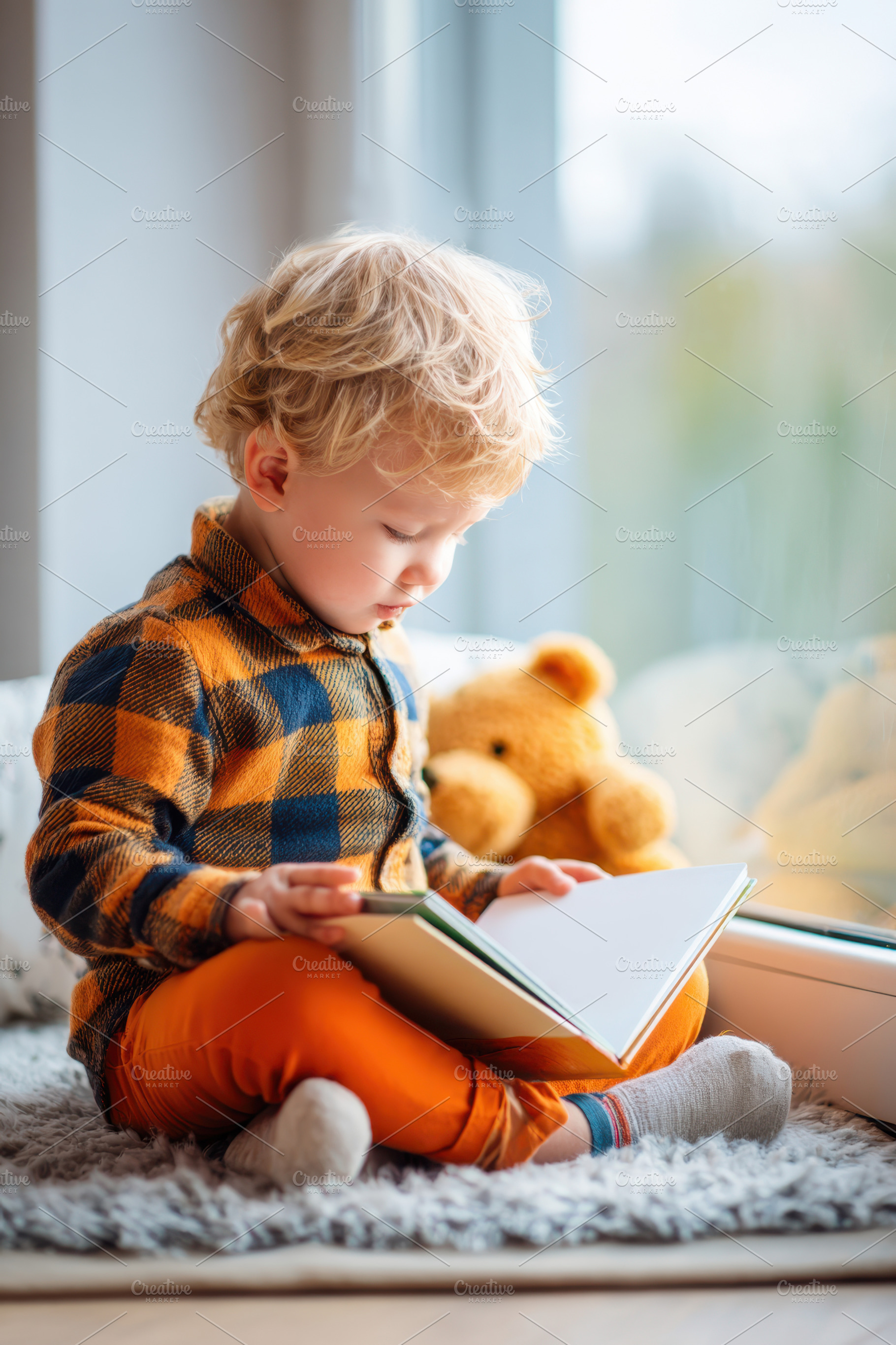 Toddler reading a book in a cozy setting, a Person Photo by AlyaAnd