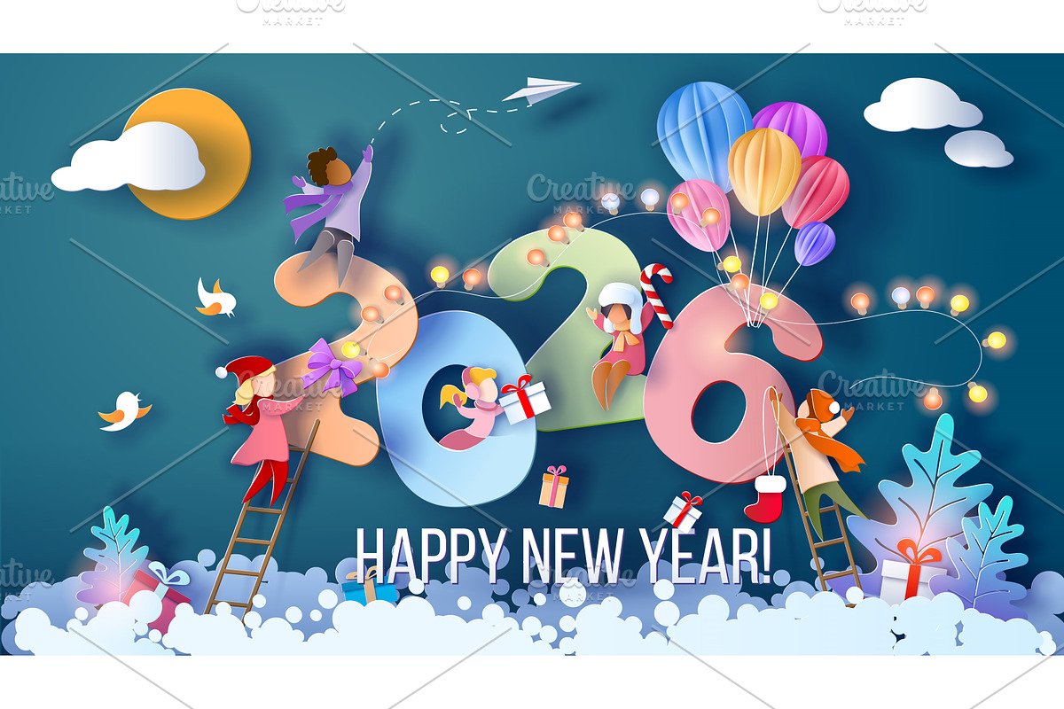 2025 New Year design card with kids, a Person Illustration by Valenty