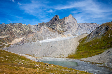Long lake and Grande Casse Alpine glacier in French alps, a Nature Photo by GoodGoods