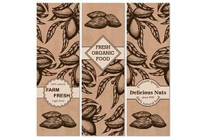Vector set of hand-drawn patterns with almonds in a retro style.