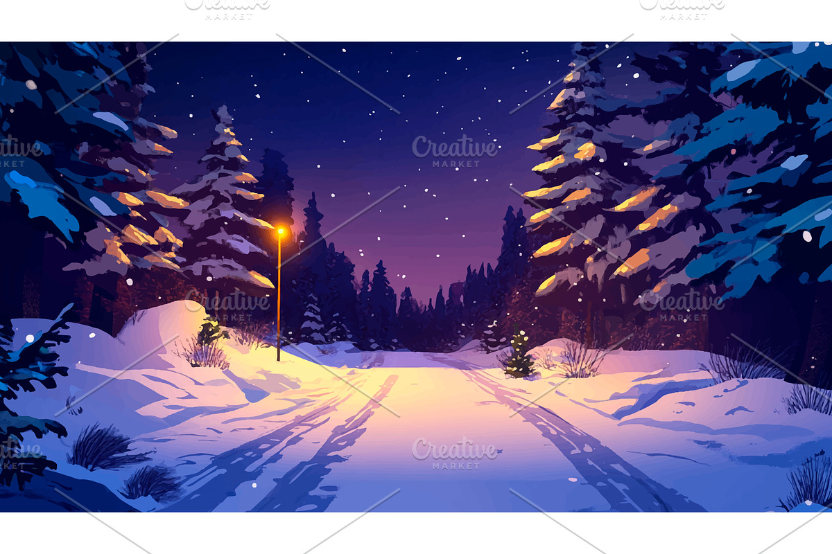 Snowy Forest Road with Starry Sky, an Illustration by LadadikArt