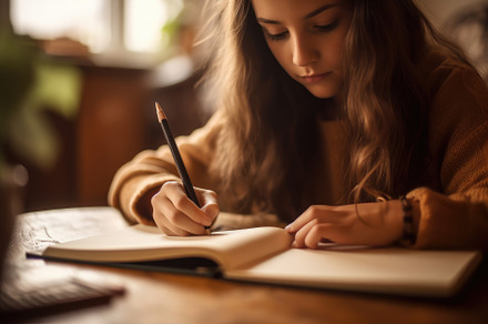 Close-up shot of a girl writing on her brand new notebook. Gener, a School & Education Photo by designvectx