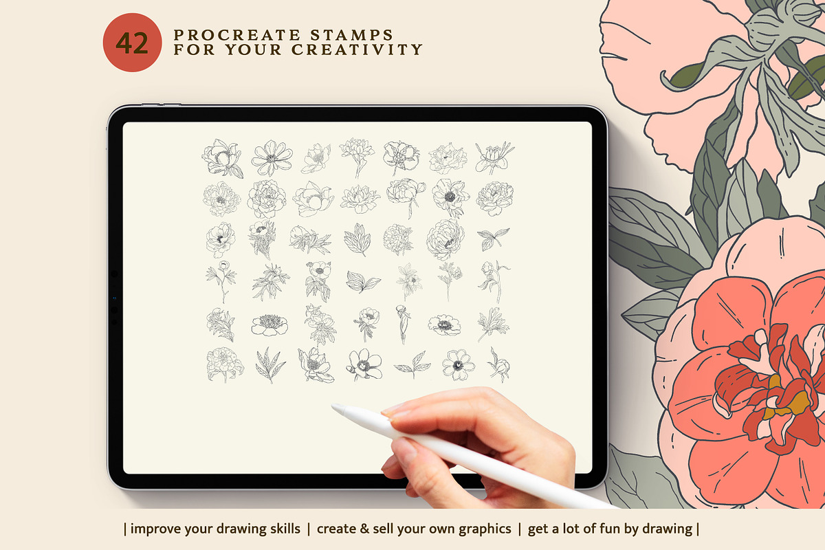 Peony stamp brush set for Procreate, a Brush Add-On by Pink Studio Art