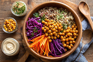 Colorful vegan Buddha bowl with quinoa, chickpeas, and fresh vegetables on wood, a Food & Drink Photo by AlyaAnd