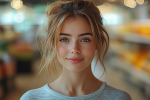 Portrait of young woman in supermarket, a Photo by AlyaAnd