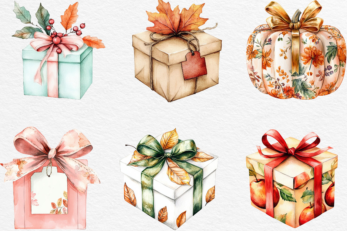 Watercolor Autumn Gift Box Clipart, an Illustration by Black Bird Studio (Photo 4 of 6)